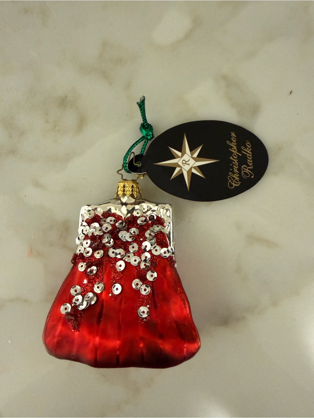 Christopher Radko Red Glass Purse Ornament with Silver Sequins